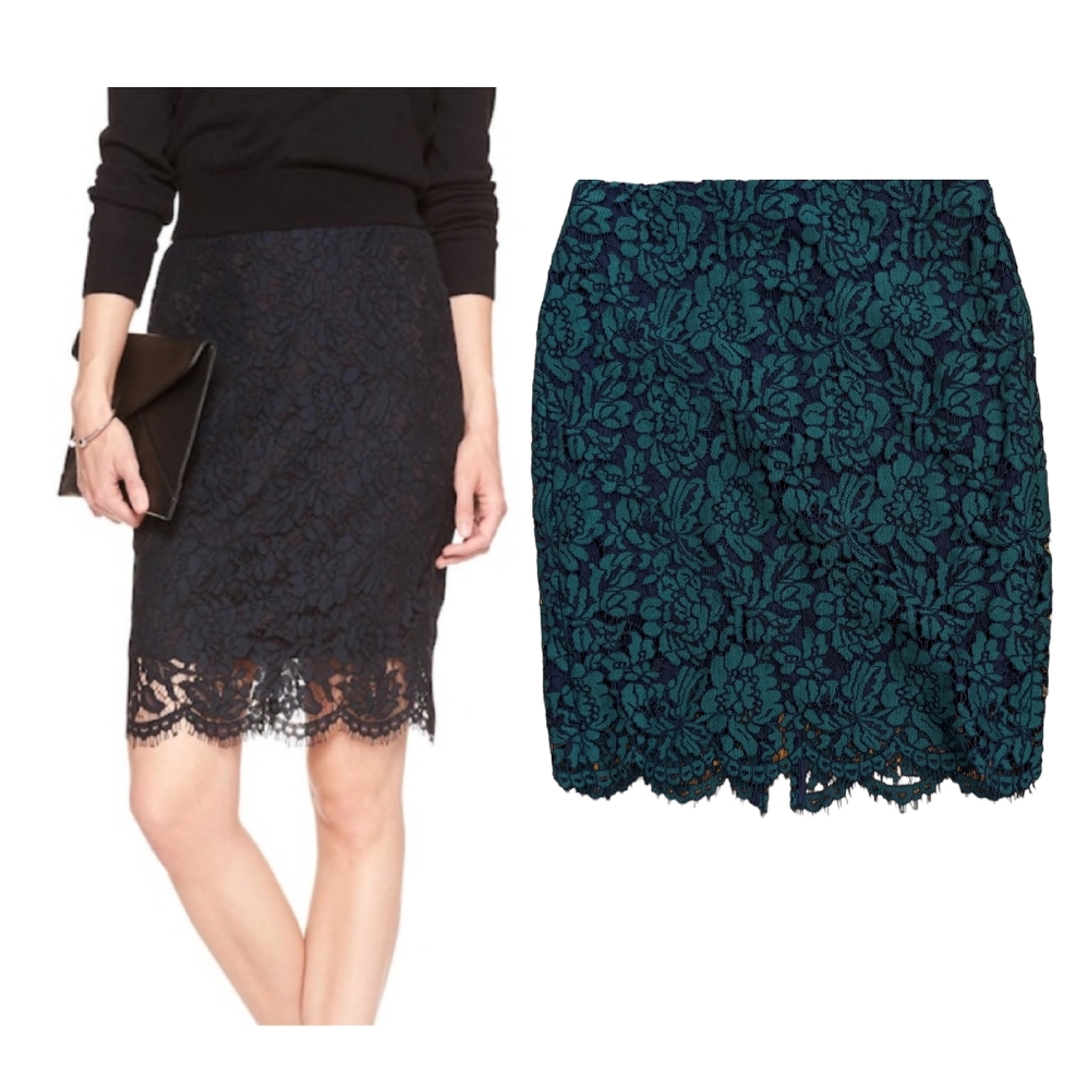 Banana Republic Two-Tone Lace Pencil Skirt Size 0 green/navy